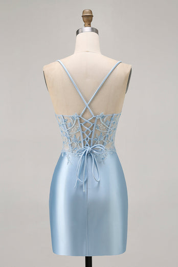 Sparkly Blue Satin Tight Short Corset Homecoming Dress with Lace