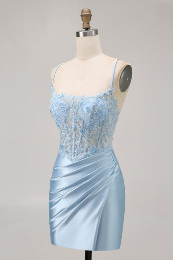 Sparkly Blue Satin Tight Short Corset Homecoming Dress with Lace