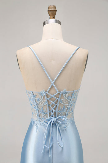 Sparkly Blue Satin Tight Short Corset Homecoming Dress with Lace