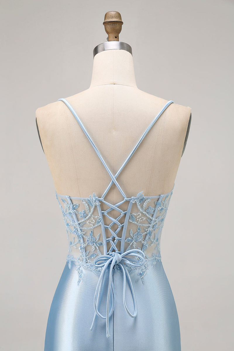 Load image into Gallery viewer, Sparkly Blue Satin Tight Short Corset Homecoming Dress with Lace
