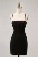 Load image into Gallery viewer, Black Tight Spaghetti Straps Short Homecoming Dress with Beading