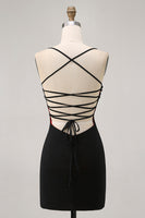 Load image into Gallery viewer, Black Tight Spaghetti Straps Short Homecoming Dress with Beading