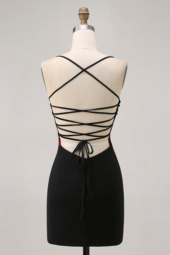 Black Tight Spaghetti Straps Short Homecoming Dress with Beading