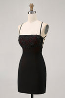 Load image into Gallery viewer, Black Tight Spaghetti Straps Short Homecoming Dress with Beading