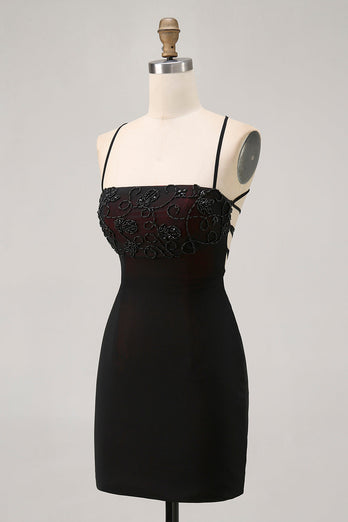 Black Tight Spaghetti Straps Short Homecoming Dress with Beading