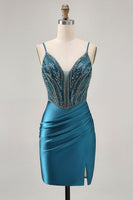 Load image into Gallery viewer, Sparkly Peacock Blue Corset Short Tight Homecoming Dress with Beading