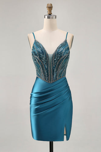 Sparkly Peacock Blue Corset Short Tight Homecoming Dress with Beading