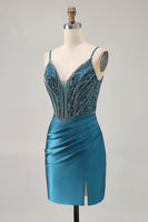 Load image into Gallery viewer, Sparkly Peacock Blue Corset Short Tight Homecoming Dress with Beading