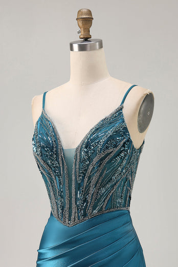 Sparkly Peacock Blue Corset Short Tight Homecoming Dress with Beading