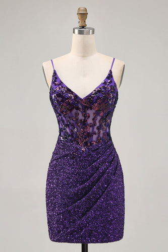 Sparkly Dark Purple Tight Short Corset Homecoming Dress with Sequins