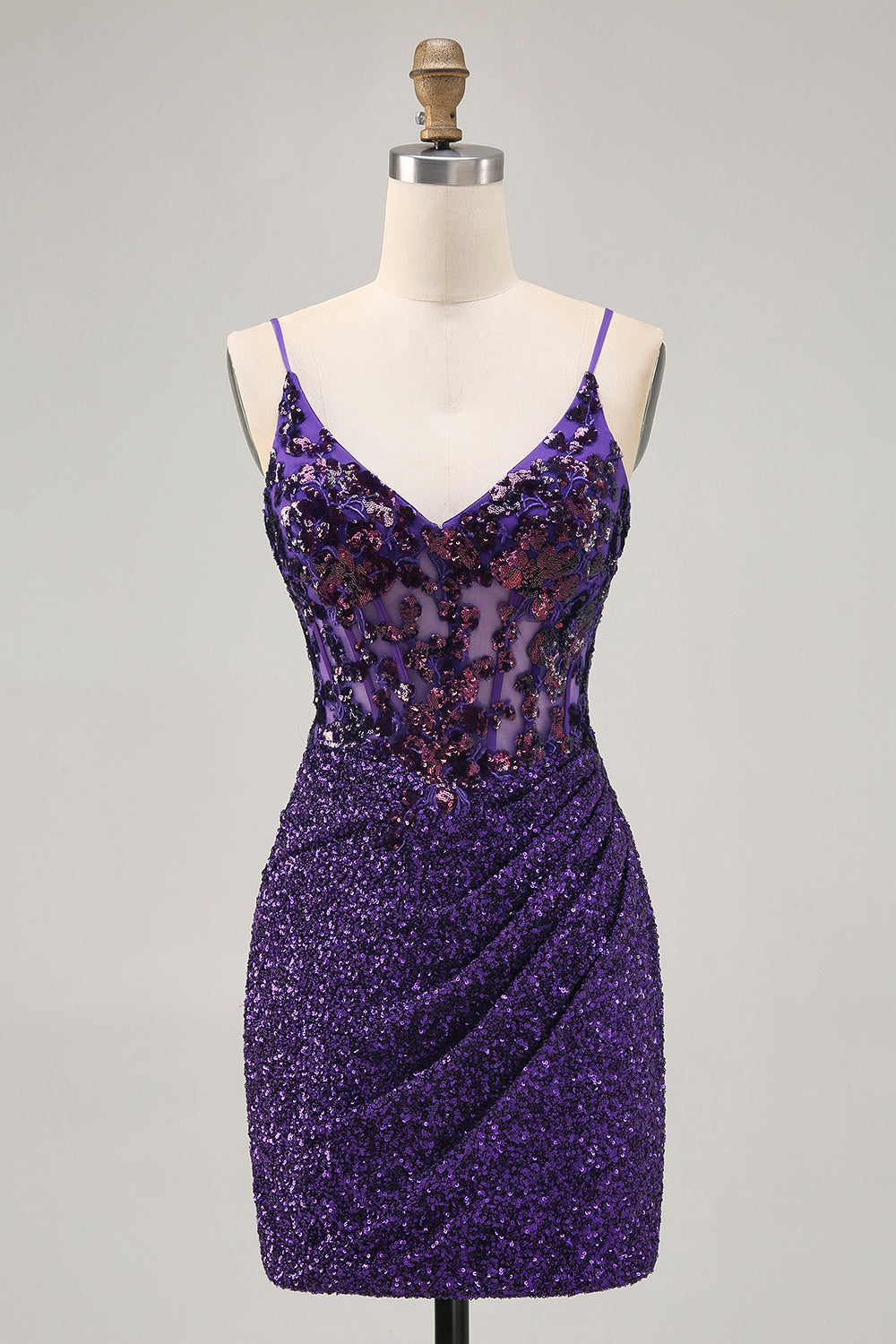 Sparkly Dark Purple Tight Short Corset Homecoming Dress with Sequins