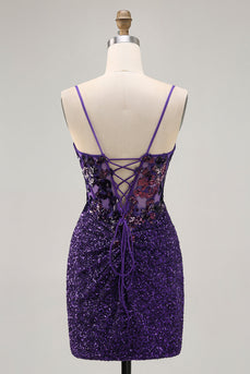 Sparkly Dark Purple Tight Short Corset Homecoming Dress with Sequins