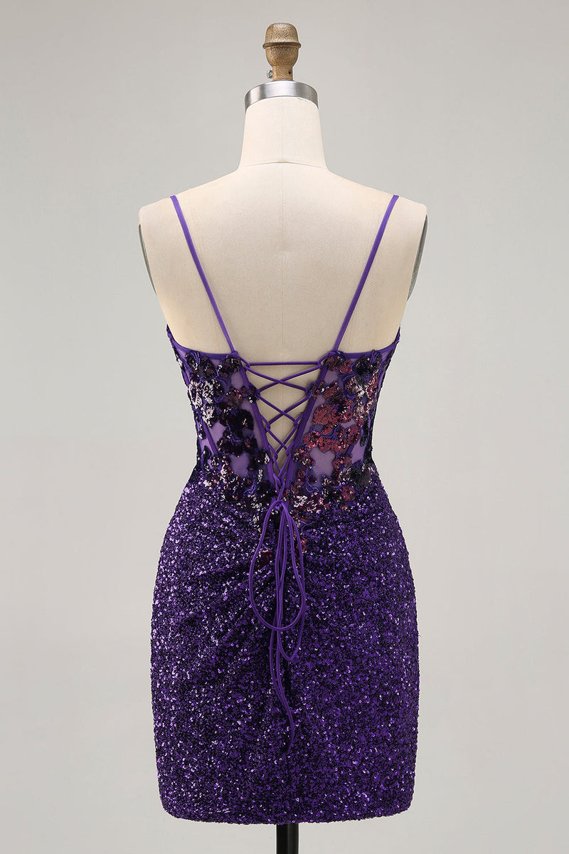 Load image into Gallery viewer, Sparkly Dark Purple Tight Short Corset Homecoming Dress with Sequins