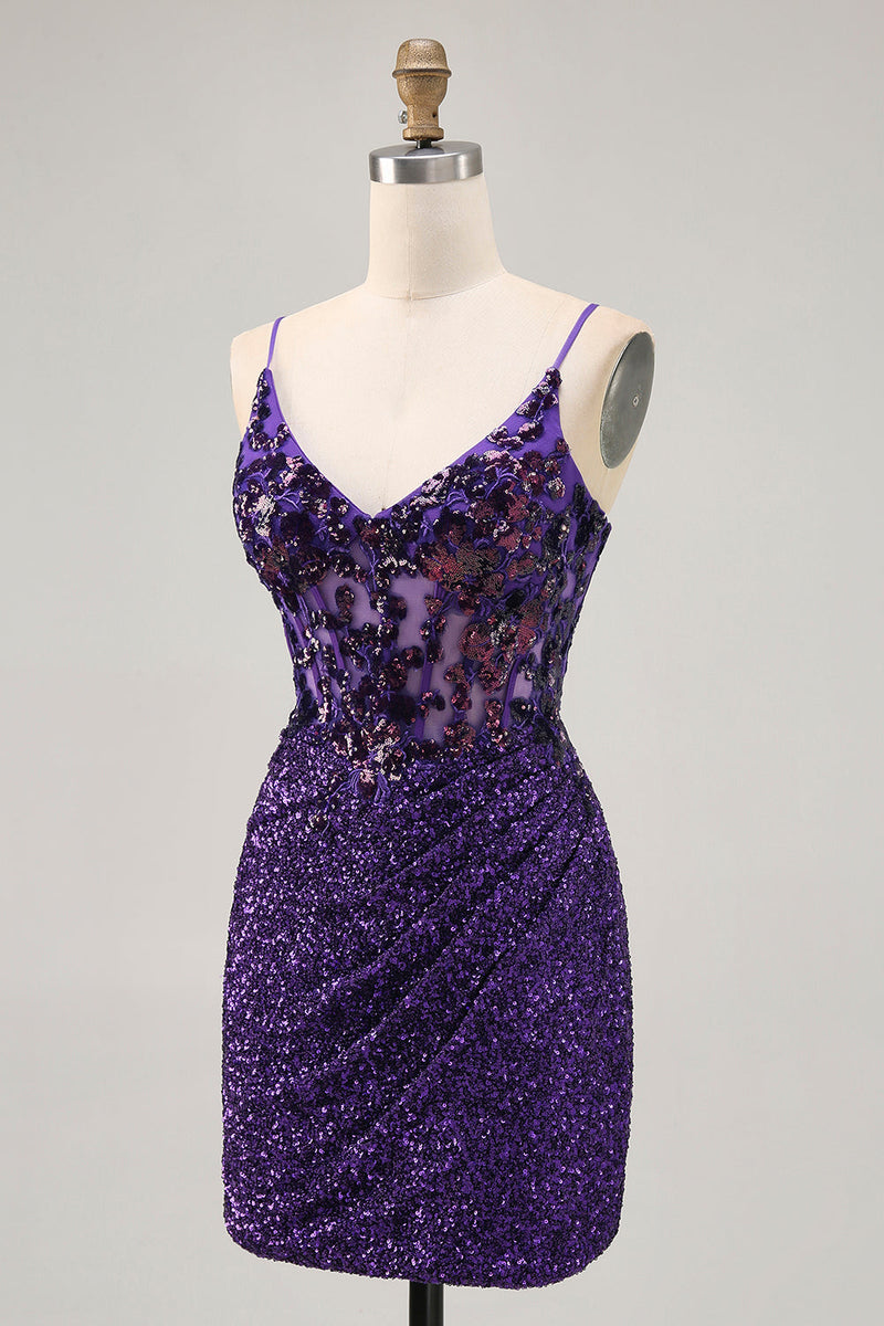 Load image into Gallery viewer, Sparkly Dark Purple Tight Short Corset Homecoming Dress with Sequins
