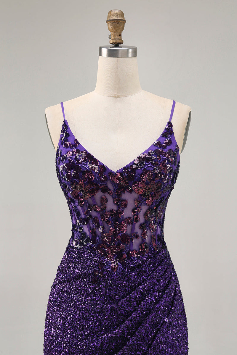 Load image into Gallery viewer, Sparkly Dark Purple Tight Short Corset Homecoming Dress with Sequins