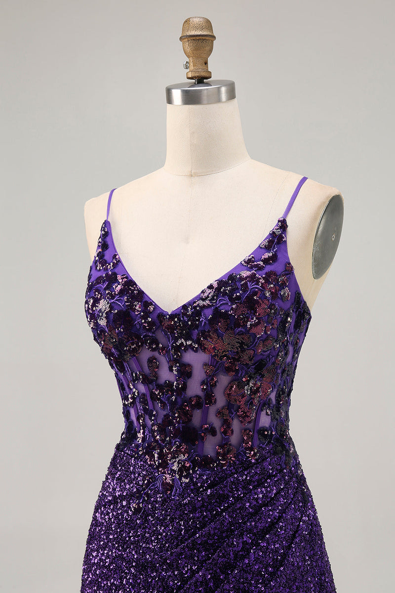 Load image into Gallery viewer, Sparkly Dark Purple Tight Short Corset Homecoming Dress with Sequins
