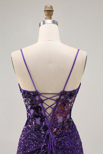 Sparkly Dark Purple Tight Short Corset Homecoming Dress with Sequins