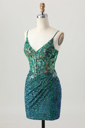 Sparkly Dark Green Sequins Short Corset Tight Homecoming Dress