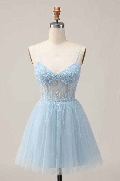 Sparkly Light Blue A Line Tulle Short Corset Homecoming Dress with Beading