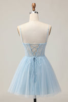 Load image into Gallery viewer, Sparkly Light Blue A Line Tulle Short Corset Homecoming Dress with Beading