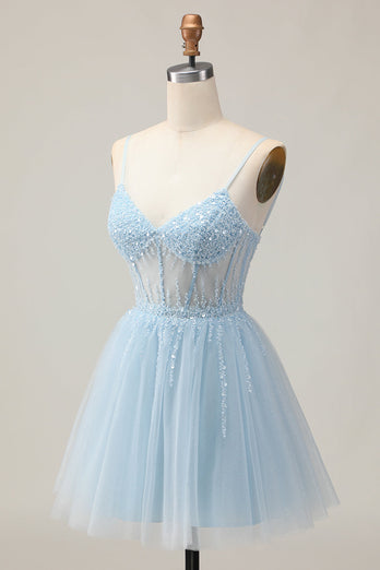 Sparkly Light Blue A Line Tulle Short Corset Homecoming Dress with Beading
