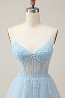 Load image into Gallery viewer, Sparkly Light Blue A Line Tulle Short Corset Homecoming Dress with Beading
