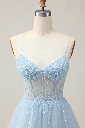 Sparkly Light Blue A Line Tulle Short Corset Homecoming Dress with Beading