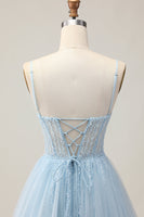 Load image into Gallery viewer, Sparkly Light Blue A Line Tulle Short Corset Homecoming Dress with Beading