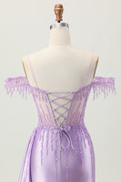 Load image into Gallery viewer, Sparkly Lilac Cold Shoulder Short Corset Homecoming Dress with Beading