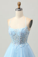 Load image into Gallery viewer, Sparkly Light Blue Tulle Short Corset Homecoming Dress with Appliques