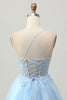 Load image into Gallery viewer, Sparkly Light Blue Tulle Short Corset Homecoming Dress with Appliques