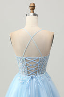 Load image into Gallery viewer, Sparkly Light Blue Tulle Short Corset Homecoming Dress with Appliques