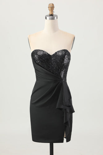 Sparkly Black Strapless Tight Short Corset Homecoming Dress with Sequins