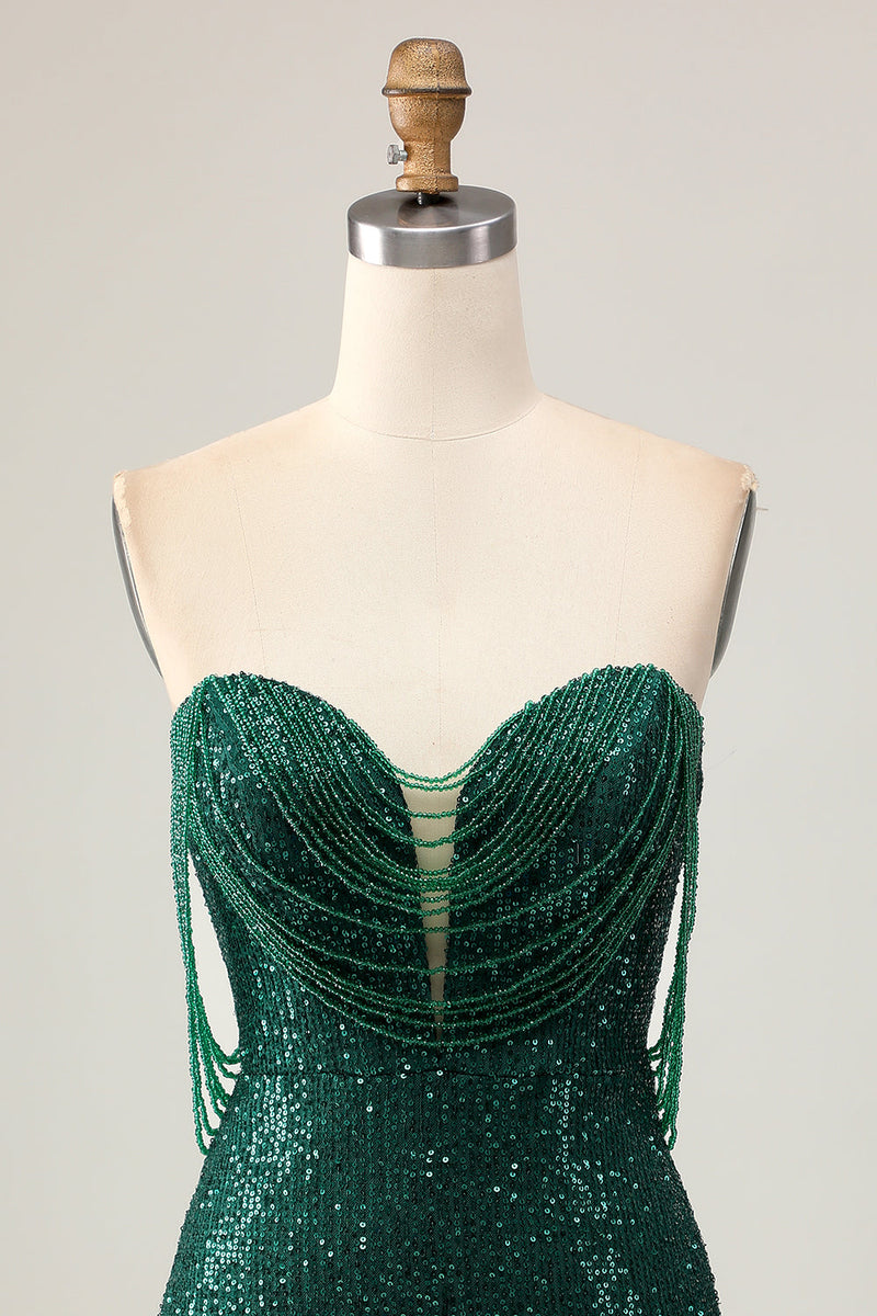 Load image into Gallery viewer, Sparkly Dark Green Sequins Tight Short Homecoming Dress with Beading