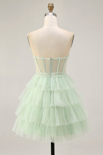 Light Green A Line Tulle Tiered Short Corset Homecoming Dress