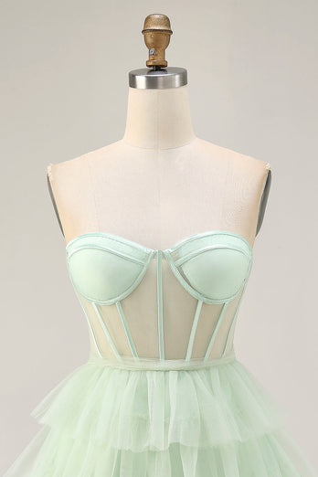 Light Green A Line Tulle Tiered Short Corset Homecoming Dress