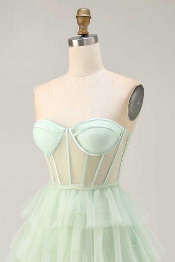 Light Green A Line Tulle Tiered Short Corset Homecoming Dress