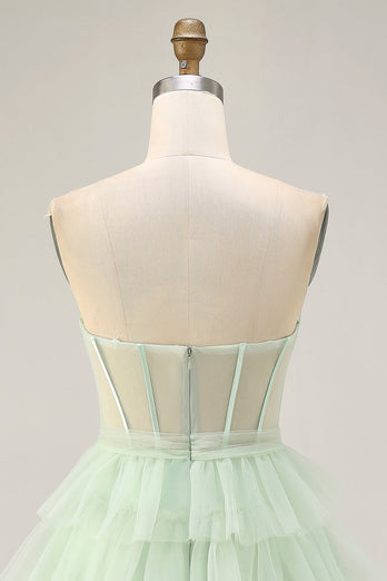 Light Green A Line Tulle Tiered Short Corset Homecoming Dress