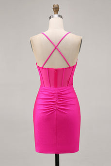 Fuchsia Tight Ruched Short Corset Homecoming Dress