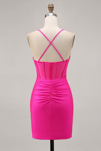 Fuchsia Tight Ruched Short Corset Homecoming Dress