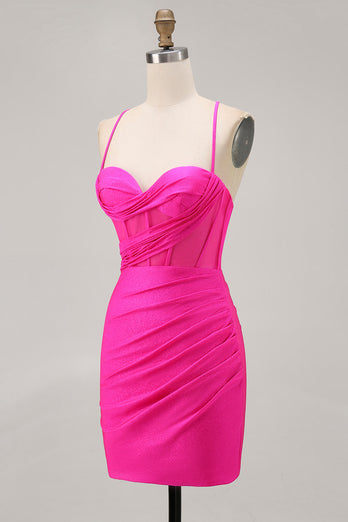 Fuchsia Tight Ruched Short Corset Homecoming Dress