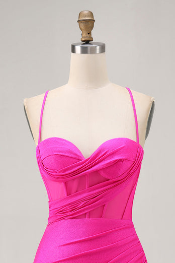 Fuchsia Tight Ruched Short Corset Homecoming Dress