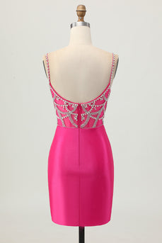 Sparkly Fuchsia Tight Satin Short Homecoming Dress with Beading