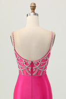 Load image into Gallery viewer, Sparkly Fuchsia Tight Satin Short Homecoming Dress with Beading