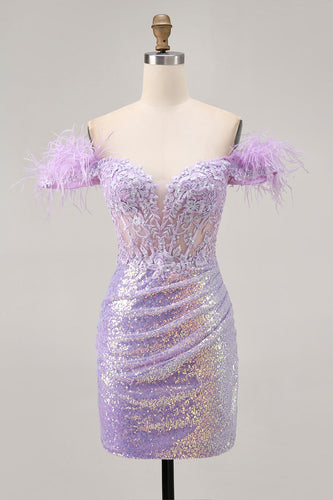 Sparkly Floral Lilac Sequins Tight Short Corset Homecoming Dress