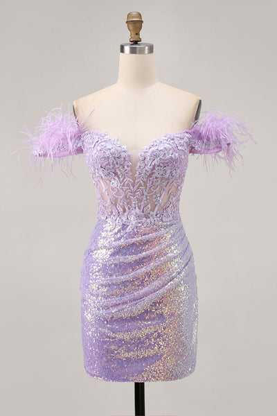 Sparkly Floral Lilac Sequins Tight Short Corset Homecoming Dress