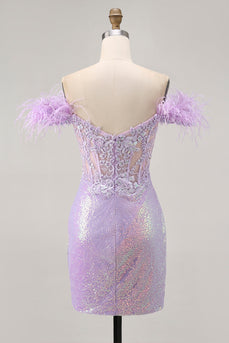 Sparkly Floral Lilac Sequins Tight Short Corset Homecoming Dress