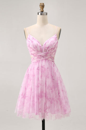 Floral Pink A Line Ruched Lace Up Back Short Homecoming Dress