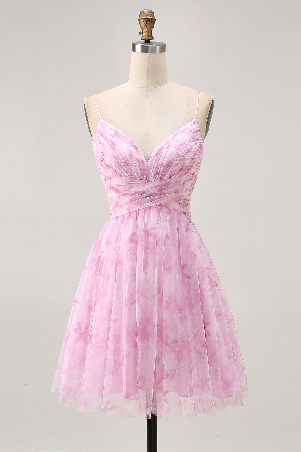 Floral Pink A Line Ruched Lace Up Back Short Homecoming Dress