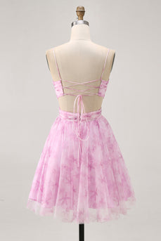 Floral Pink A Line Ruched Lace Up Back Short Homecoming Dress